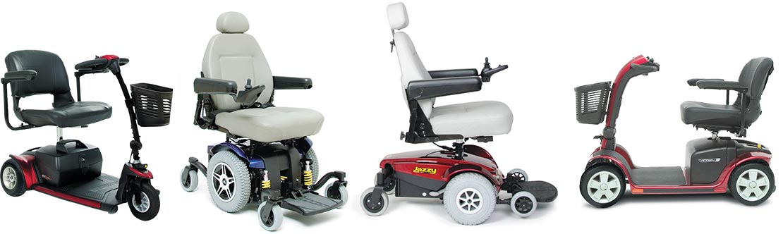 A collection of various mobility devices and wheelchairs.